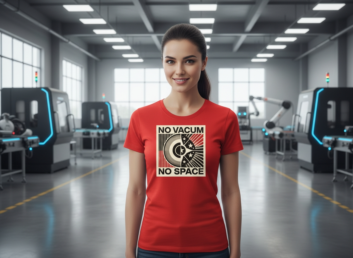 Red Tee – Retro Split Graphic “No Vacuum No Space”